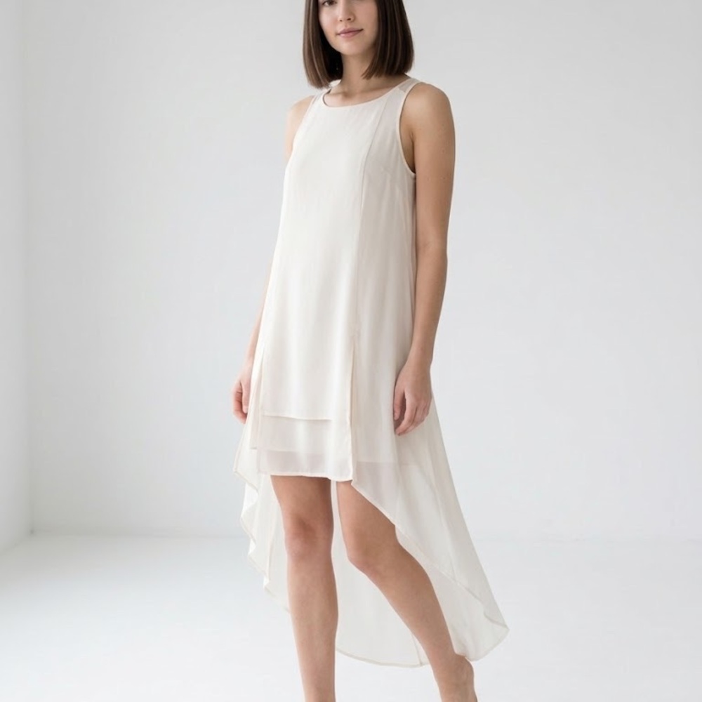 BCBGeneration Sleeveless High-Low Cream Chiffon Dress | XXS